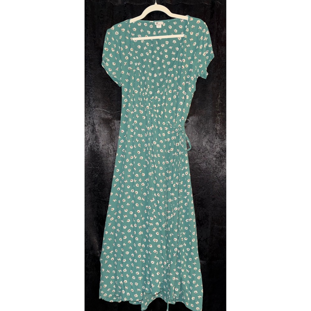 Billabong Womens Teal Green Floral Wrap Midi Dress Short Sleeve V-Neck Large